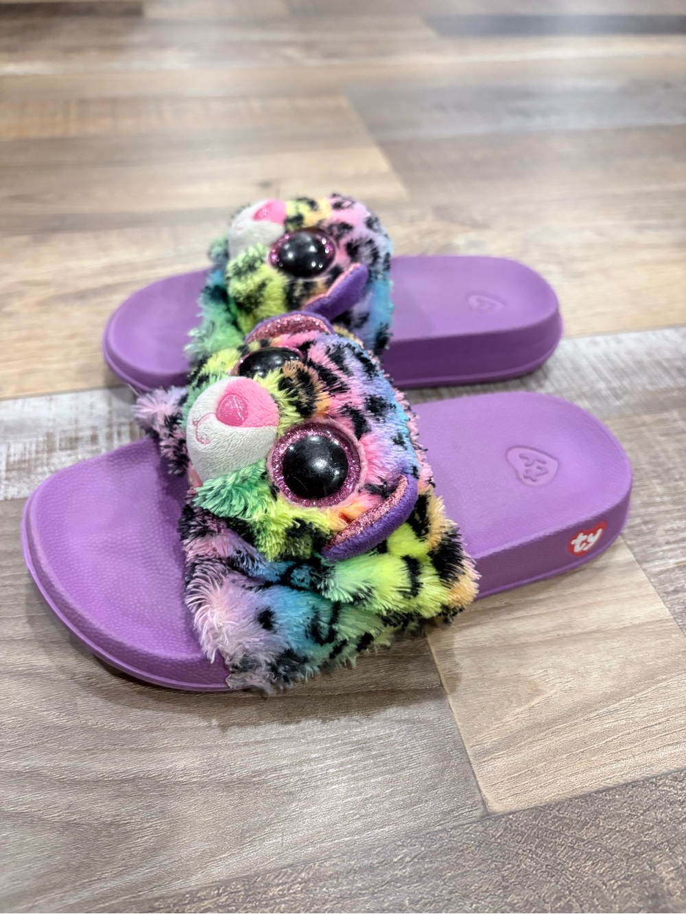 Ty Kids Plush Slide Sandals in Purple with Rainbow Fuzzy Toppers